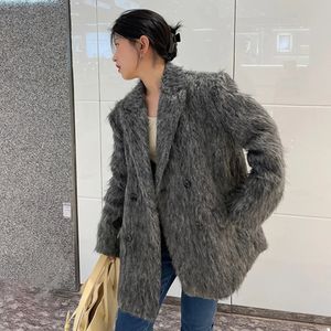 Женское полушерстяное зимнее короткое высококачественное дизайнерское корейское серое меховое шерстяное пальто Ретро костюм шерстяное пальто женское 231026