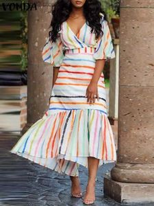 Basic Casual Dresses VONDA Bohemian Striped Dress 2023 Summer Maxi Long Sundress Women Sexy V-Neck Casual Belted Loose Lantern Sleeve Ruffled Vestido T231026