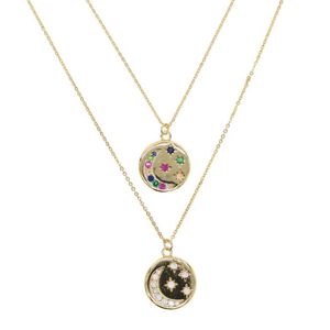 round disco coin necklace gold plated engraved white rainbow cz moon star shooting star design fashion necklaces213j