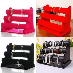 Black Velvet 3-Tier Jewelry Bracelet Watch Bangle Display Holder Stand Showcase T-bar Storage Necklace Bangle Organizer2880