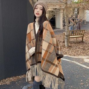 Scarves 2023 Women's Plaid Sweater Poncho Female Cashmere Cape Coat Open Front Fringe Blanket Shawls And Wraps Lady Warm Pullover