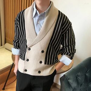 Suéter masculino outono listra britânica dupla breasted casaco homens personalizado slim lapela suéter cardigan tendência los hombres abrigos heren