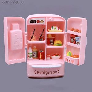 Kitchens Play Food Cute Simulation Microfilm Furniture Double Door Refrigerator 1 12 Dollhouse Kitchen Model Decorations For Girl Birthday GiftsL231026