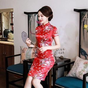 Etniska kläder plus size kinesisk stil kvinnlig cheongsam sommar satin kort klänning vintga mandarin krage tryck blomma qipao sexig smal