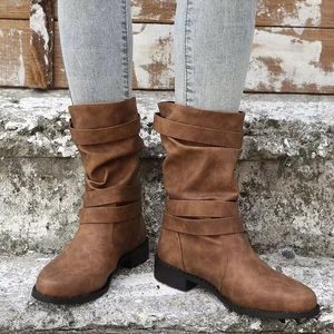 Boots Winter Plus Size Shoes for Female Slipon Womens MidCalf Square Heel Belt Buckle Low Ladies 231025