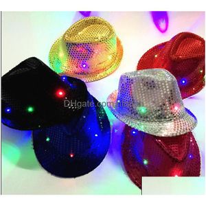 Novelty Lighting Led Flash Sequins Glowing Hat Adts Children Hip-Hop Light Up Jazz Cap Dance Club Event Party Birthday Stage Perform Dhqzi