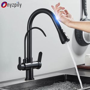 Kitchen Faucets Onyzpily Black Touch Sensor Faucet Pull Out Sink Cold Mixer Pure Water Tap Deck Mounted Taps Dual Handle 231026