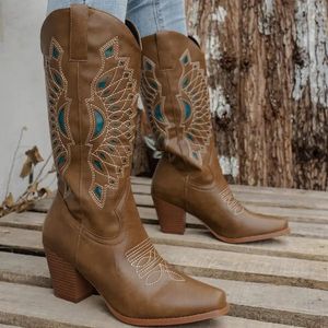 Boots Cowboy Brown Western 2024 Punk Cool Cowgirl Boot for Women Pointed Mid Calf Embroidery Chunky Heeled 231026