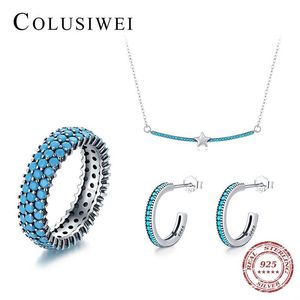 Colusiwei 925 Sterling Silver Vintage Turquoise Earrings Rings Pendant Neckalce for Women Jewelry Sets Fine Accessories210n
