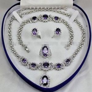 BeautifulAmethyst Inlay Link Bracelet earrings Ring Necklace Set309P