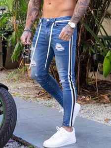 Herr jeans nya män mager jeans cyklist förstörde frayed fit denim rippade sidor stripe penna byxor hip hop streetwear jeans s-3xll231219