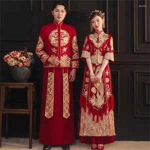 Roupas étnicas Casal Oriental Tradicional Vermelho Phoenix Bordado Cheongsam Estilo Chinês Vestido de Casamento Moderno Qipao