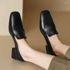 Dress Shoes Women's Loafers Black Slip On Leather Square Toe Pumps Sewing Oxford Heel Zapatos Mujer 1583N