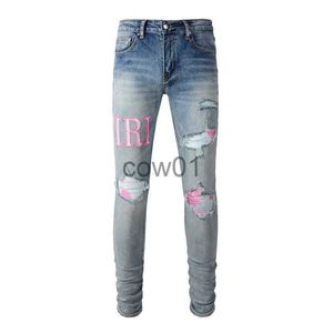 Men's Jeans Men's Girl's Blue Distressed Streetwear Slim Fit Embroidered Letters Pattern Patchwork Damaged Skinny Stretch Ripped Jeans J231026