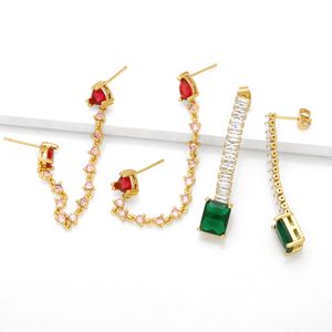 New Green Crystal Long Tassel Earrings For Women Copper Gold Plated Red Heart Stud Earrings CZ Crystal Jewelry