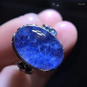 Klusterringar naturliga blå rutilerade dutieritkvartsblomma justerbar ring 16.4/11.6mm ovala stora kvinnliga män smycken