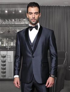 Ternos masculinos italianos feitos sob medida, azul marinho, noivo, lapela preta, um botão, jaqueta, calças, gravata, colete, smoking para homens, padrinhos de casamento