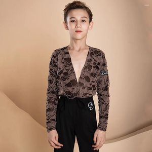 Stage Wear 2023 Boys Performance Clothes Kids Latin Dance Shirt V-Neck Long Sleeve Autumn Winter Cha Samba Rumba Costumes DAS632