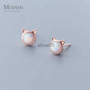 Stud Modian Lovely Animal Little Cat 925 Sterling Silver Earring For Women Romantic Opal Ear Pin Wedding Engagement Fine Jewelry YQ231026