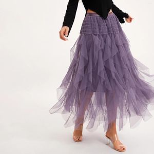 Skirts Puloru Women's Long Solid Elastic Waist Layered Tulle Tutu Fashion Sweet Spring Fall Ruffle Mesh Tiered