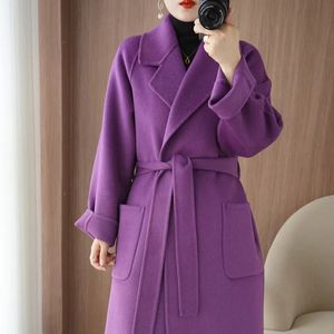 Damen Wollmischungen 2023 reiner doppelseitiger Kaschmir Herbst Winter britischer Stil Mantel Frauen langes Profil lose verdickt 231026