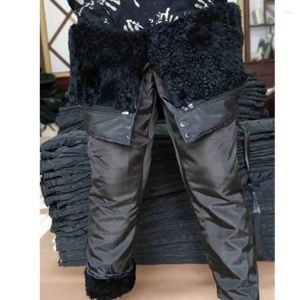 Calças masculinas genuínas de pele de carneiro homens quentes inverno cintura alta longa engrossar roupas snowsuits calças plus size oversized