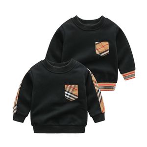 Marca de moda outono estilo inglaterra roupas infantis para meninos e meninas manga comprida algodão retalhos xadrez listrado camiseta top coat