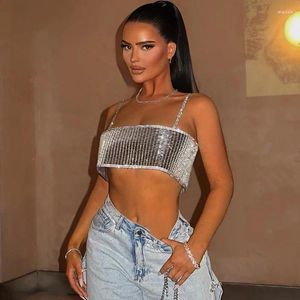 Women's Tanks Sexy Women Shiny Silver Rhinestone Camis Tops Backless Bandage Chain Camisole Bustiers Glitter Diamond Strap Crop Top Party