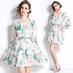 Kvinnor White Floral Party Designer Mini Dress Puff Sleeve V-Neck Slim Vacation Ruched Ruffle Tiered Fit Flare Dresses 2023 Autumn Fall Elegant Print Runway Frocks