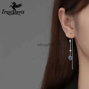 Stud TrustDavis Real 925 Sterling Silver 2023 Sweet Blue Zircon Heart Earrings For Women Fashion Long Ear Line Party Jewelry DE0419 YQ231026