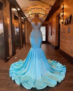 Baby Blue Sheer Neck Prom Dresses For Black Girls Beaded Crystal Diamond Birthday Party Dresses Mermaid Formal Gowns Robe De