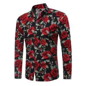 Mens T-shirts Ny långärmad casual skjorta mode rose blomma 3D tryckt blommig vänd krage smal passform för kläder droppleverans dh7sv