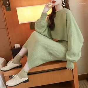 Work Dresses Korean Knitted 2 Pieces Set Women Pullovers Long Sleeve Sweater Crop Tops Vest Skirts Bodycon Office Lady Suits