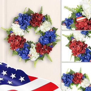 Decorative Flowers Border Independence Day Wreath Red And Blue Hydrangea Decoration Pendant Festival Window Holiday For Front Door Outside