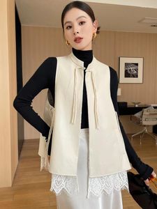 Women's Leather Genuine Sleeveless Vest Jacket For Women Autumn 2023 Vintage Lace Liner Double-sided Wear Real Sheepskin Coat