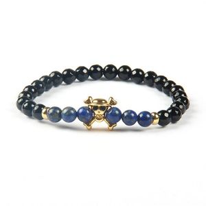 Mode piratskalle smycken hela 6mm naturlig fasetterad svart onyx och lapis lazuli sten pärlor nya svarta ögon cz skalle armband2430