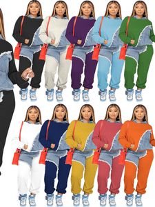 2-teiliges Damen-Sweatsuits-Denim-Pactchwork-Langarm-Hoodie-Hosen-Set mit Taschen, Trainingsanzüge, lässig, Grau 2310246