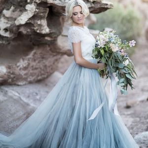 A Line Jewel Collar Short Sleeves Bridal Gown Custom Made Hauze Blue Tulle Wedding Dresses 2023