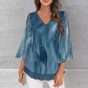Women's Blouses Women Elegant Floral Print Chiffon Tops V-Neck Batwing Slit 3/4 Sleeves Pullover Lace Trim Hem T-shirt