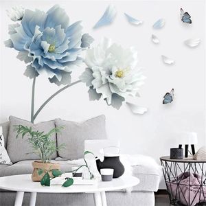 Wandaufkleber, große weiße blaue Blume, Lotus-Schmetterling, abnehmbare 3D-Kunstaufkleber, Heimdekoration, Wandbild für Wohnzimmer, Schlafzimmer, 231026