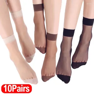 Meias femininas 10 pares curto verão ultra fino transparente cristal de seda senhoras sexy elástico de seda meninas tornozelo meia
