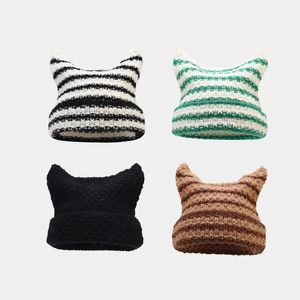 Beanie Skull Caps Japanese Beanie Hat Ins Little Devil Striped Knitted Wool Cap Autumn and Winter Cute Cat Ears Pointed Pullover Womens 231025
