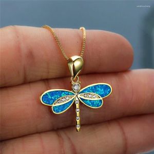 Pendant Necklaces Fashion Gold Color Blue Simulated Opal Dragonfly Necklace For Women Inlay Crystal Wedding Jewelry Gift Her