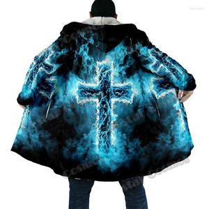 Herrgravrockar mode vintermantel gud Jesus mönster 3d all inclusive tryck tjock ull huva unisex casual varm kappa