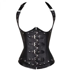 Black Women's Punk Style Spiral Steel Boned Midje Trainer Cincher Shaper Faux Leather Corset Underbust för festdräkter 825203H