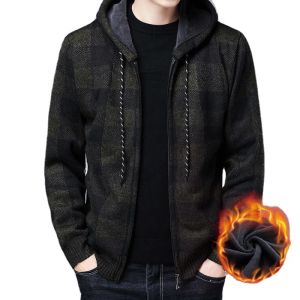 New Winter Clothing Plus Velvet Thick Plaid Sweater Plus Size Men's Hooded Cardigan Sweater