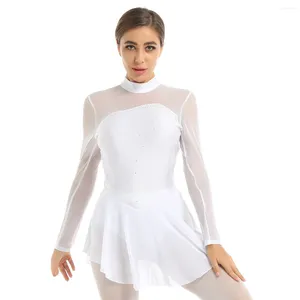 Stage Wear Women Shiny Figure Ice Skating Roller Ballet Dance Dress Rhinestones Sheer Mesh Long Sleeves Keyhole Leotard