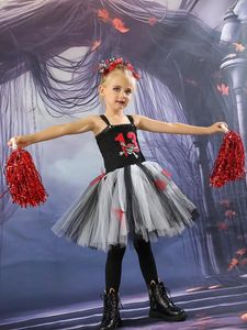Cheerleading Kids Zombie Cheerleader Costume Halloween Girls Undead Tutu Dress com acessório Red Pom 231025