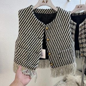 Women's Vests Spring Autumn Ladies Plaid Korean Fashion Heavy Woven Tweed Jacket O-neck Loose Sleeveless Fringed Waistcoat Coats N88