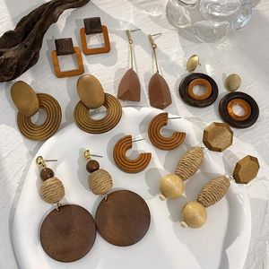 Dangle Earrings AENSOA Ethnic Natural Wooden Drop For Women Geometric Round Teardrop Textured Wood Handmade Jewelry